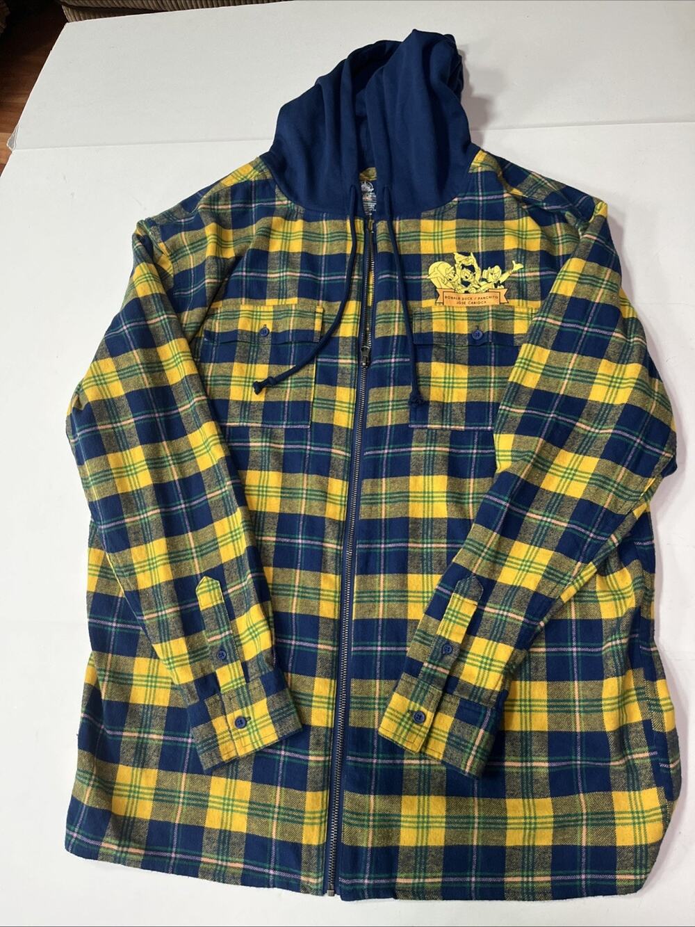 Disney Parks The Three Caballeros Full Zip Hoodie Yellow/Blue Plaid Mens LG NWOT